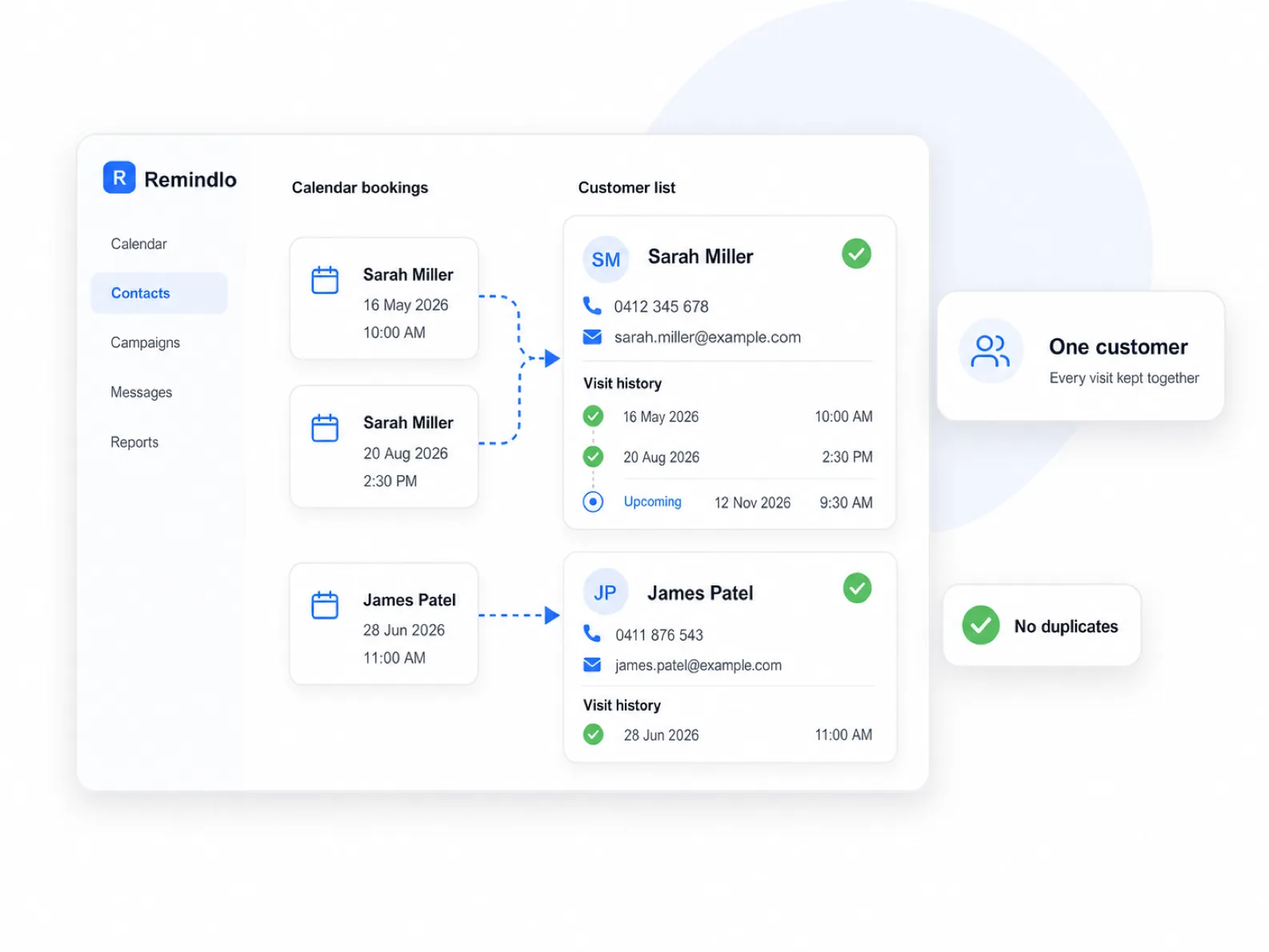 A connected calendar building an organised customer list with visit history in Remindlo