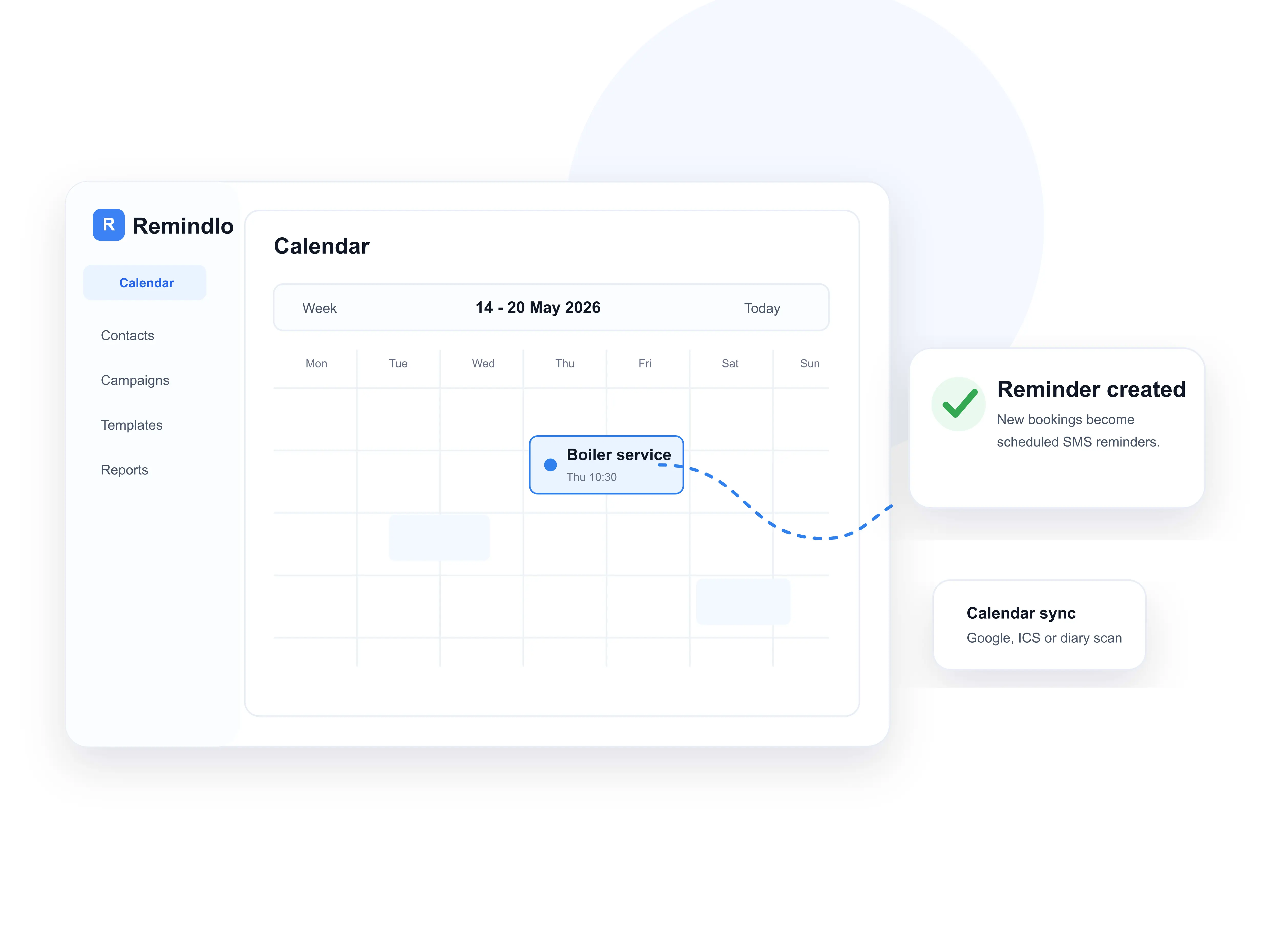A calendar appointment automatically creating a scheduled Remindlo SMS reminder