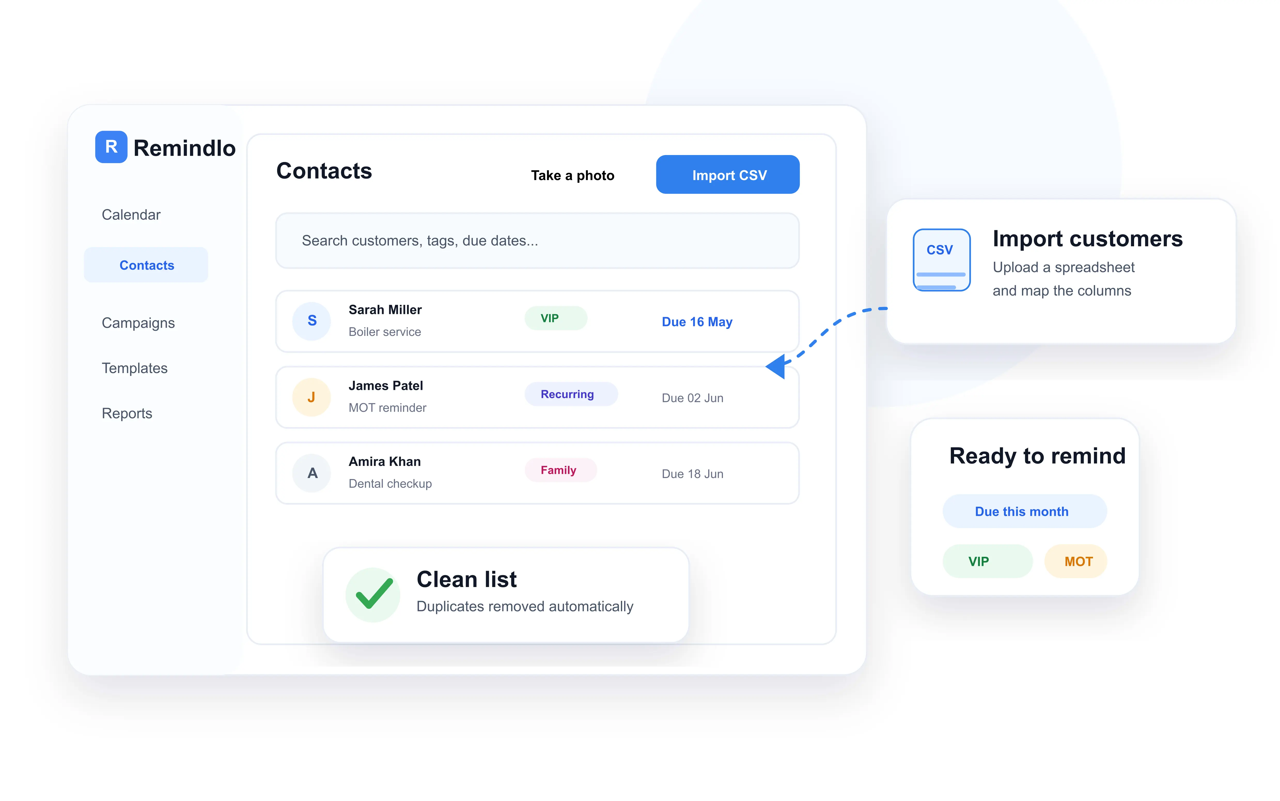 A tidy customer contact list in Remindlo with tags and next due dates