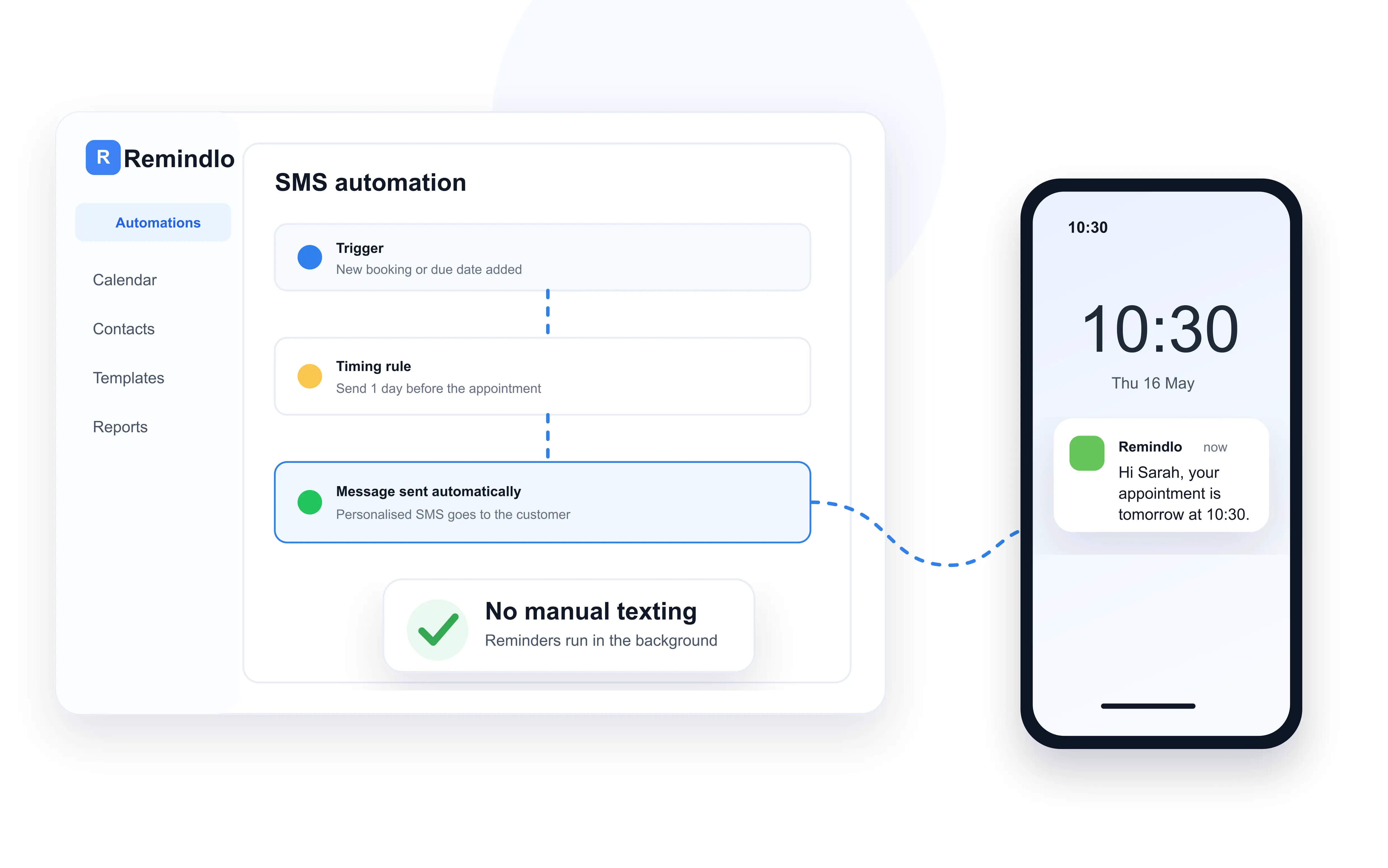 Remindlo sending an automatic SMS appointment reminder to a customer's phone
