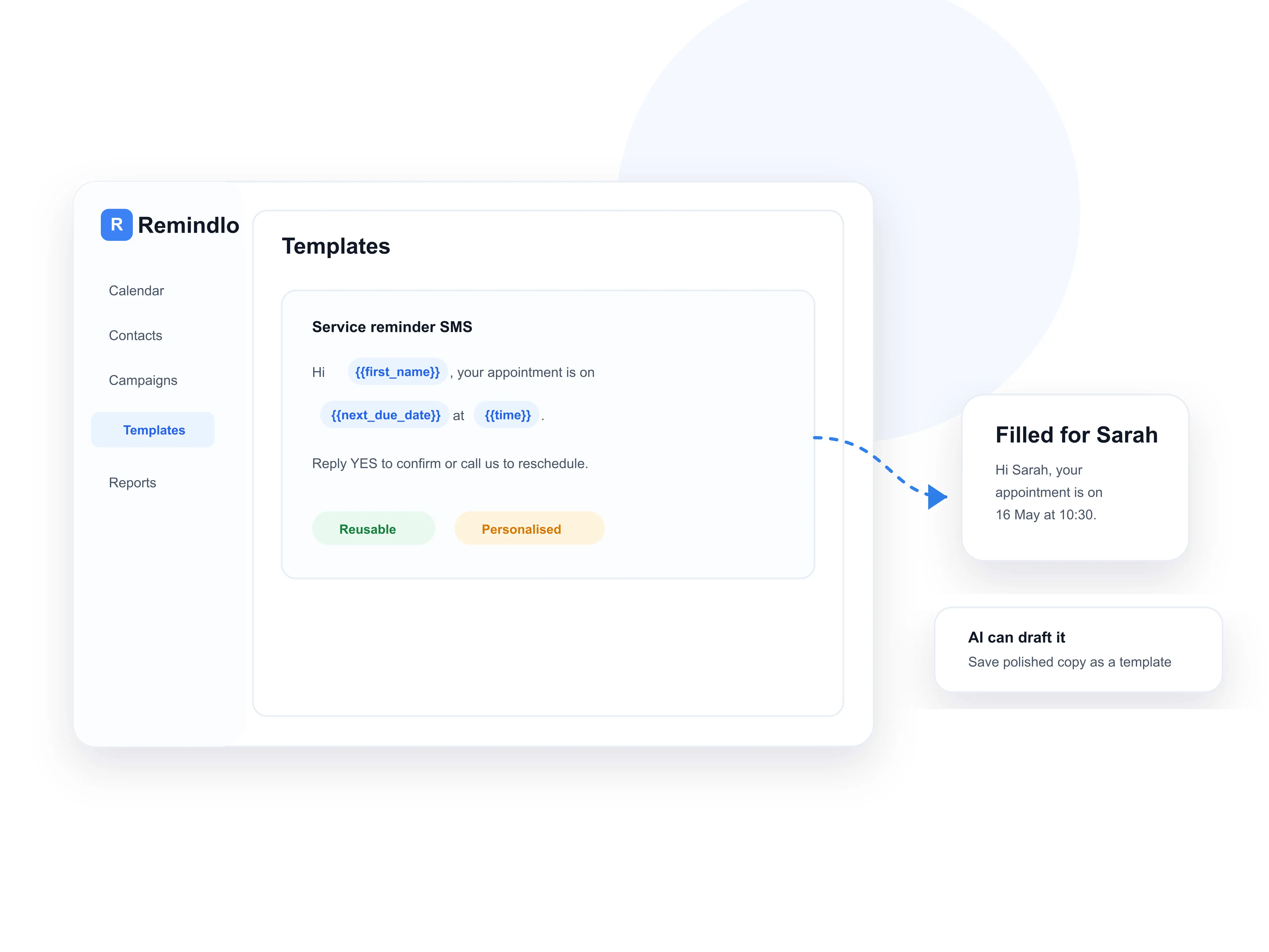 An SMS template with personalisation variables in Remindlo