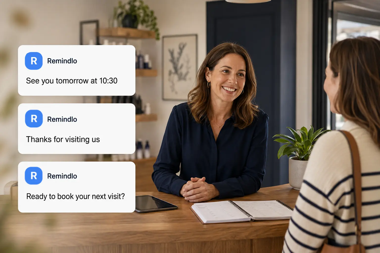A business owner welcoming a returning customer, with reminder, thank-you and rebooking message examples