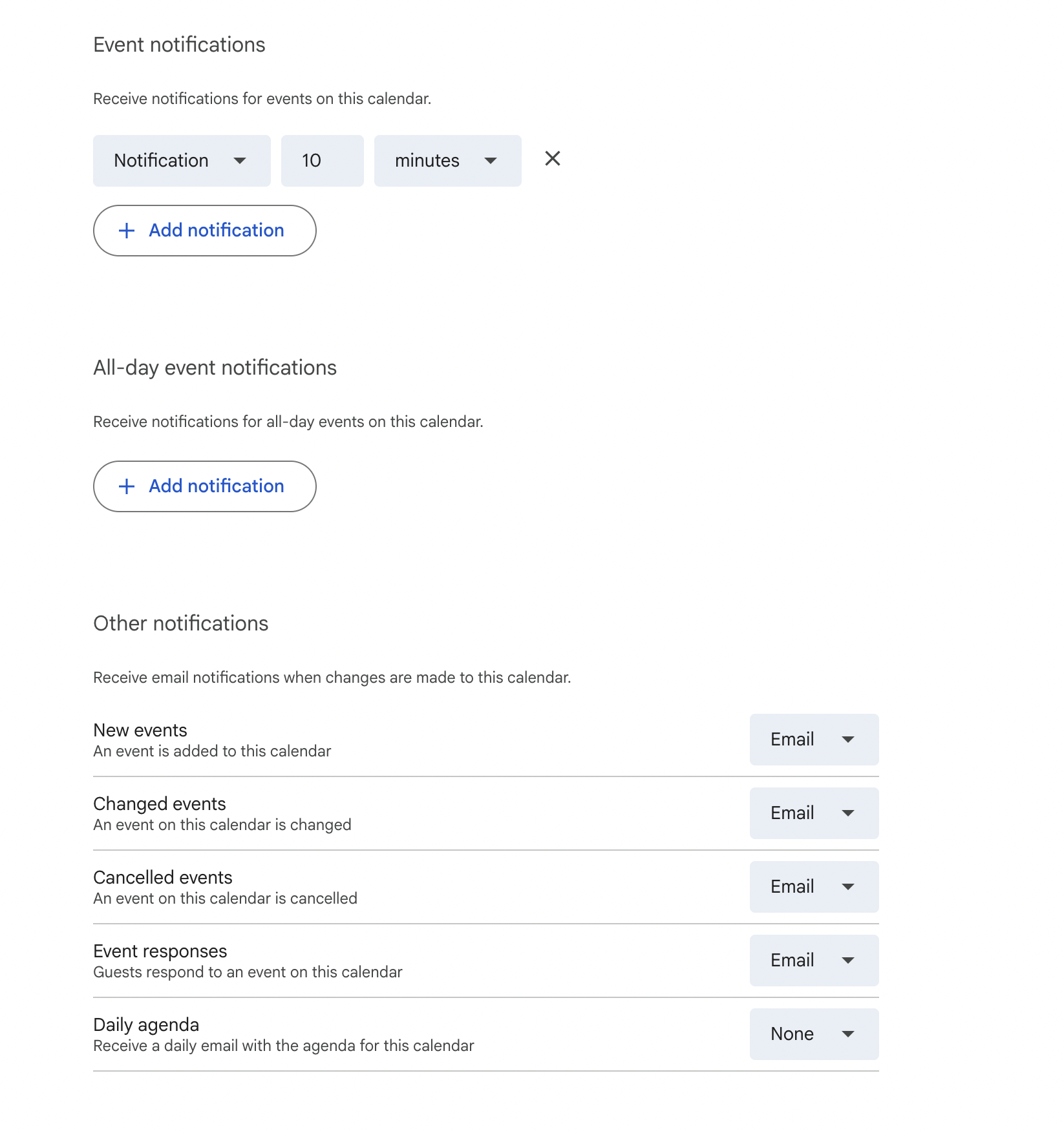 Google Calendar Notification Settings - per calendar settings Google Calendar Notification Settings - per calendar settings