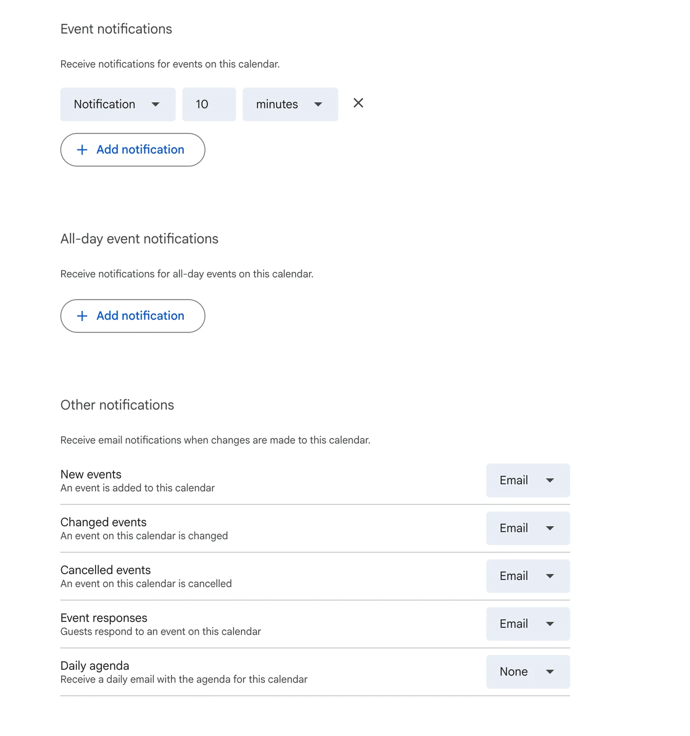 Google Calendar Notification Settings - per calendar settings