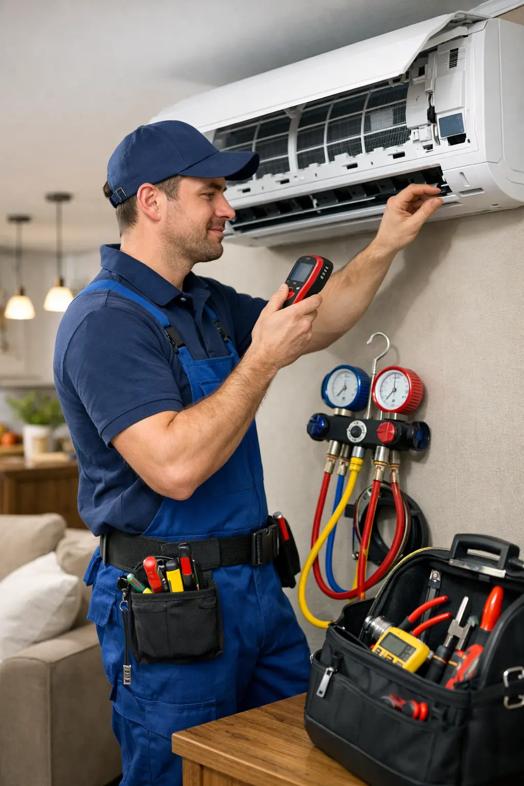 Heating Engineer At Work Servicing AC Unit