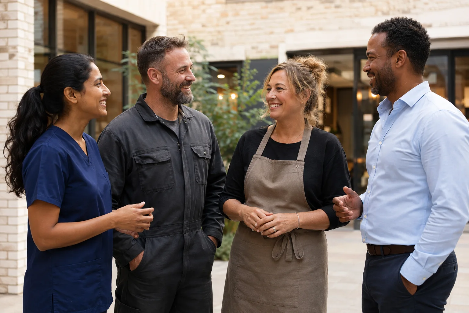 Four UK service business professionals chatting outside a business courtyard