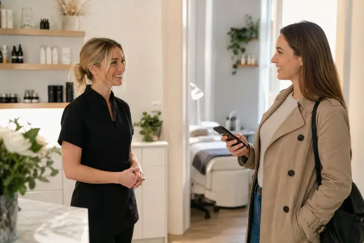 Beauty therapist welcoming a salon client