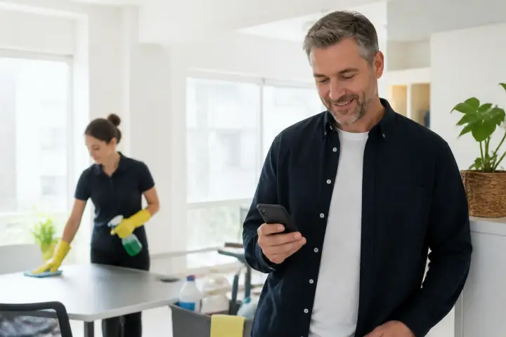 Cleaning professional finishing a service visit