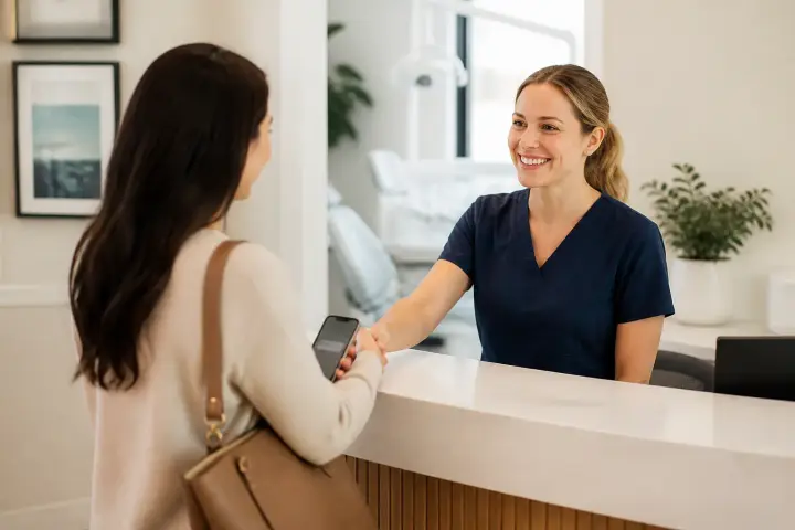 Dental professional welcoming a patient at a modern practice