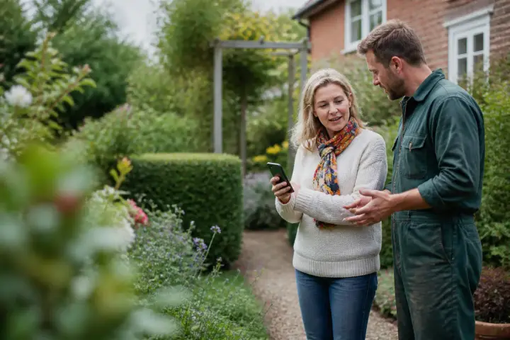 Gardener discussing seasonal work with a homeowner