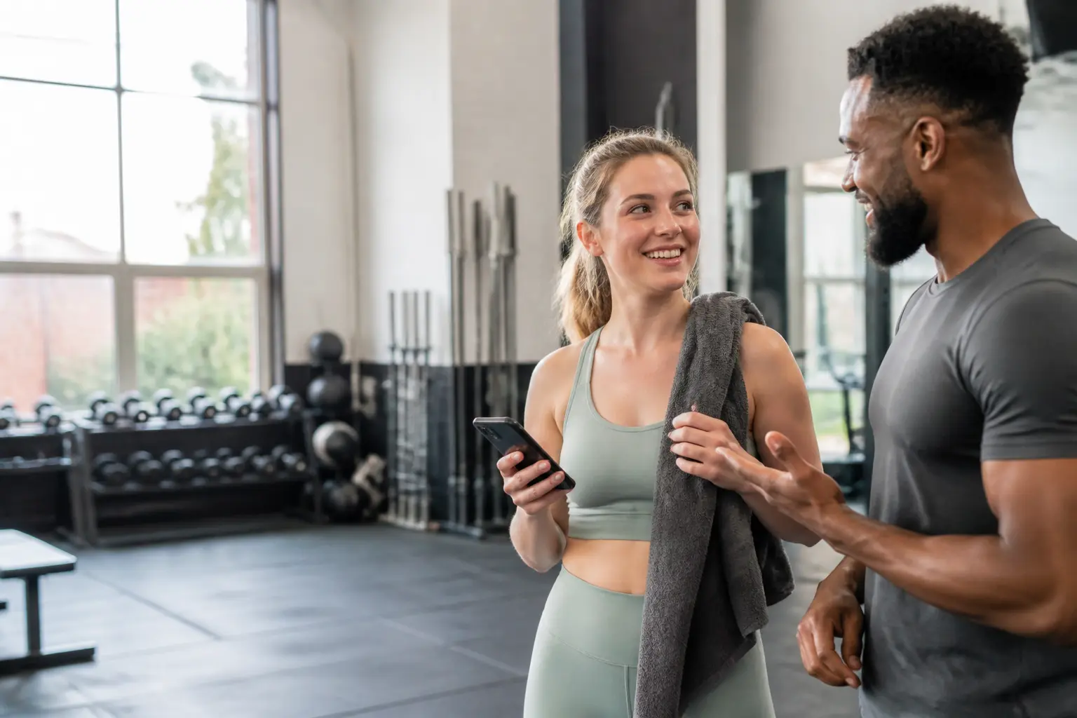 Fitness coach speaking with a gym member