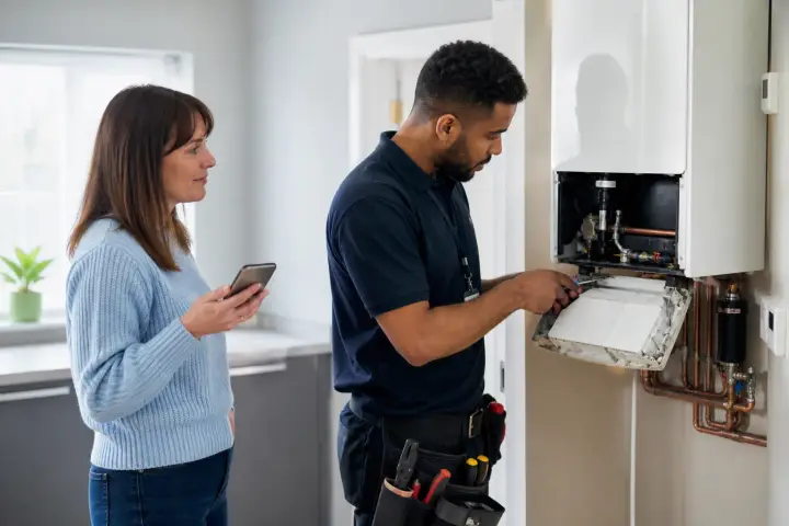 Heating engineer servicing a boiler for a homeowner