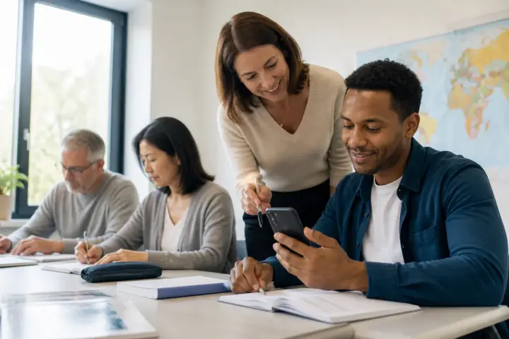Teacher helping adult learners at a language school