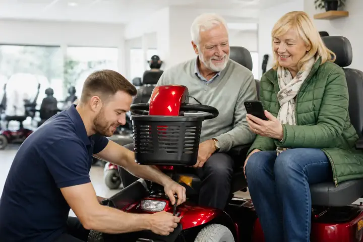 Technician servicing a mobility scooter for a customer