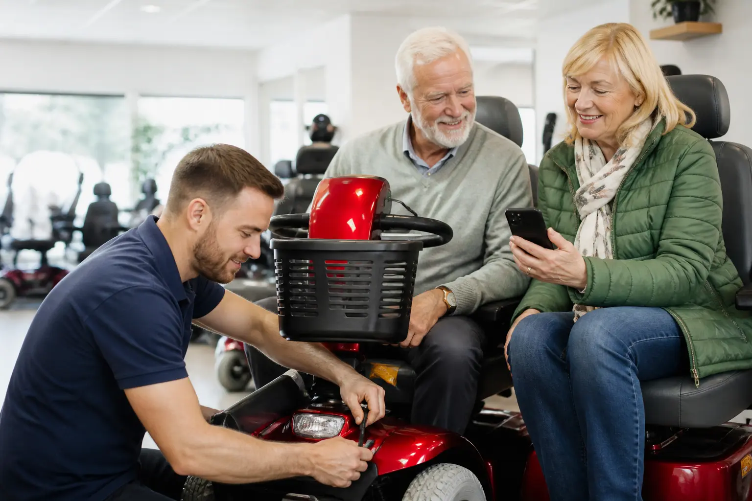 Technician servicing a mobility scooter for a customer