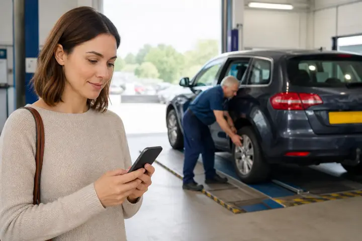 MOT technician inspecting a car at a UK testing station