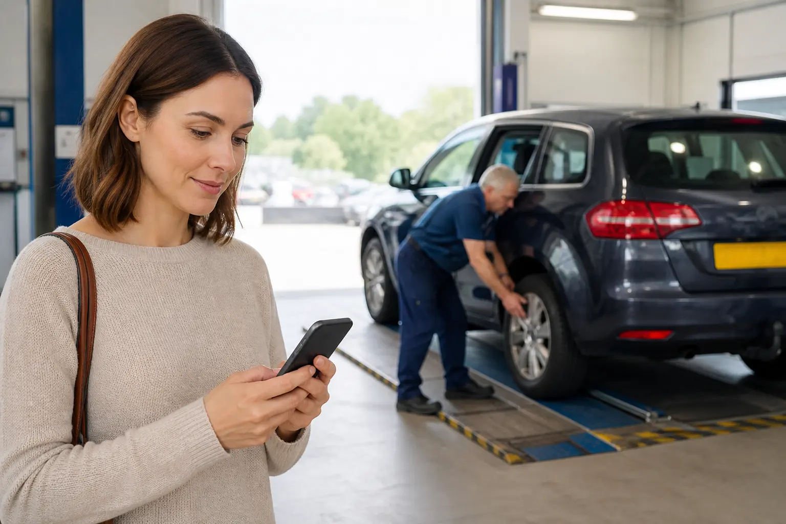MOT technician inspecting a car at a UK testing station