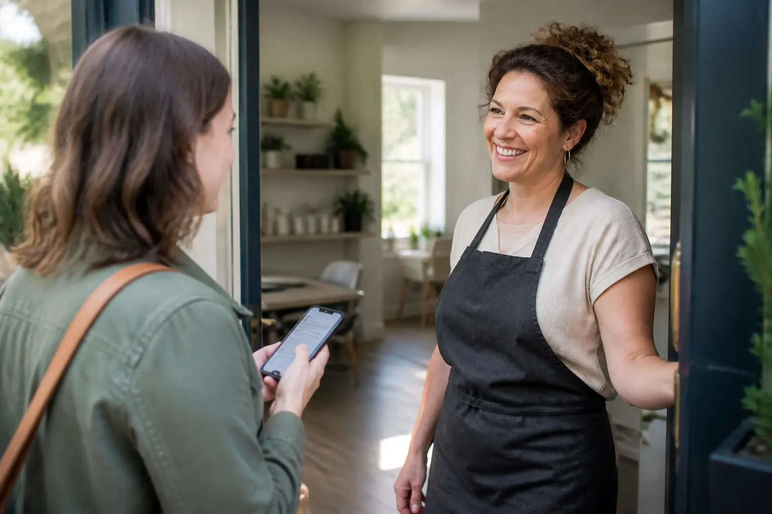 Independent service business owner welcoming a customer