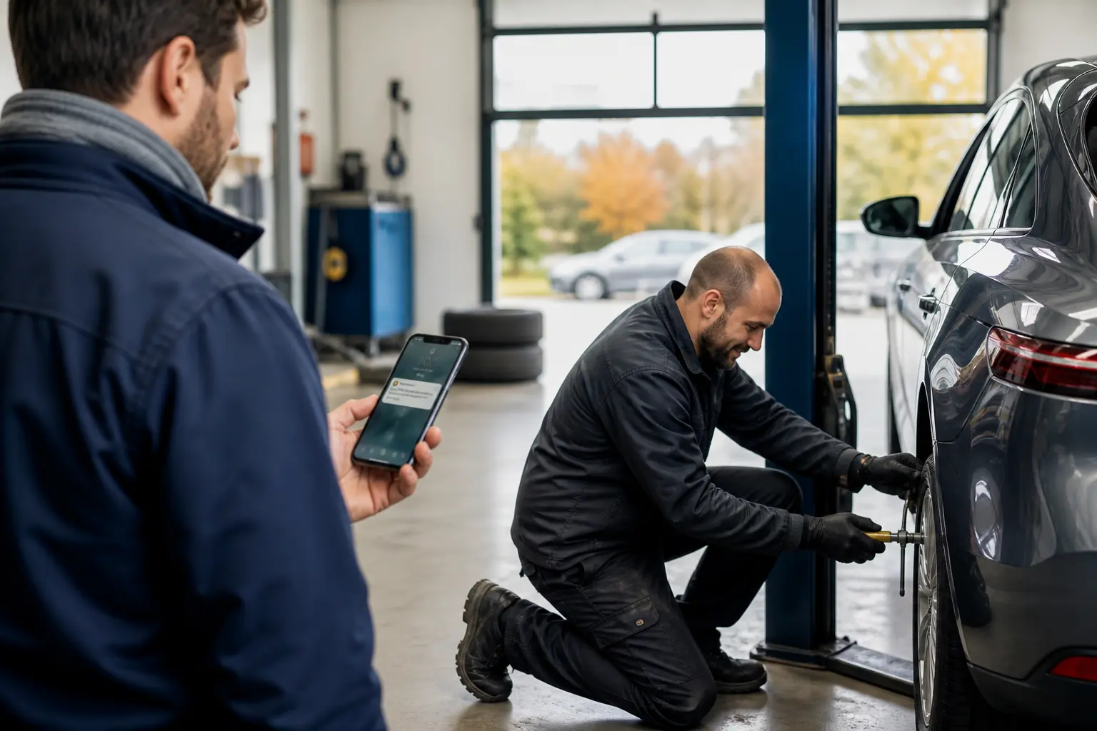 Tyre technician helping a customer in a UK tyre shop