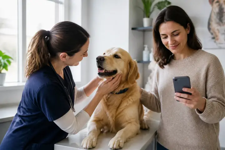 Veterinarian caring for a dog with its owner