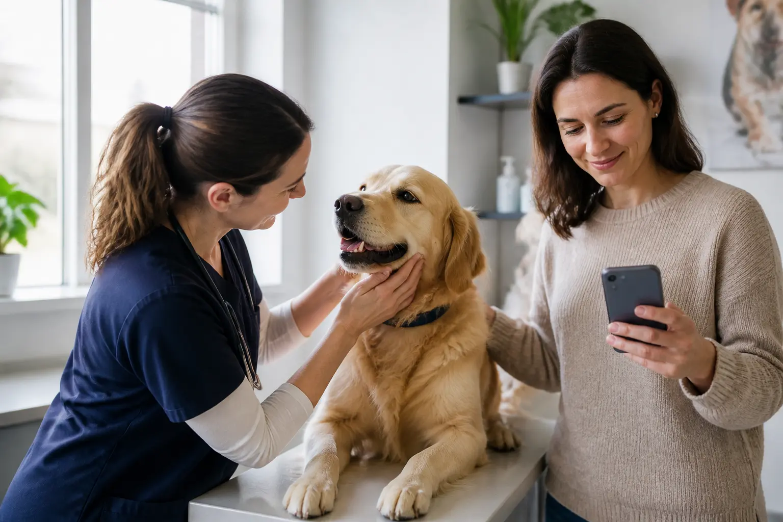 Veterinarian caring for a dog with its owner