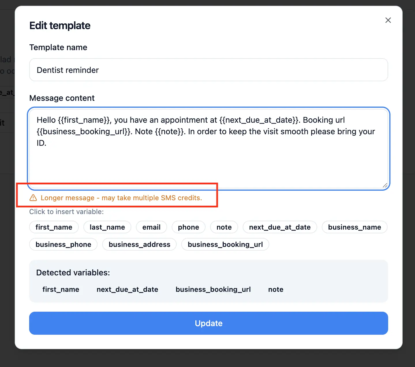 Template Longer Message Info