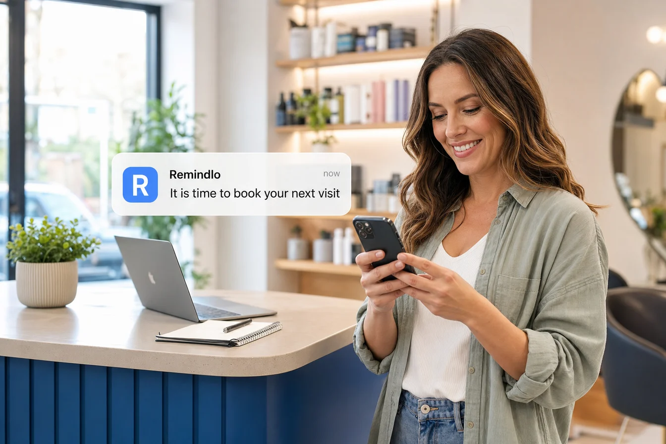 Past customer receiving a Remindlo SMS that invites them to book another service