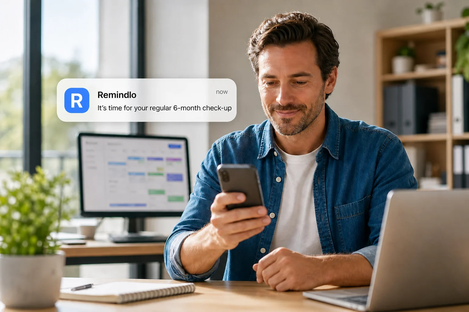Service business owner setting up recurring Remindlo SMS reminders for repeat customer visits